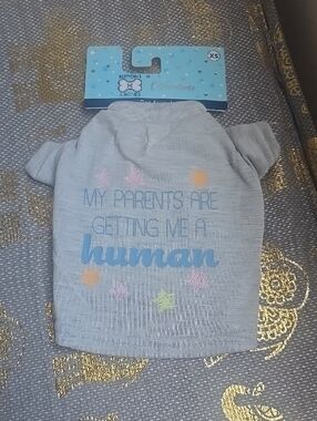 Gray Pet Tee with Blue "human" Text and Pastel Stars